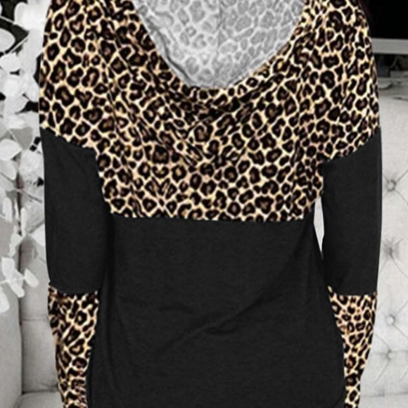 Leopard splicing colorblock drawstring hoodie - Picture 2 of 3